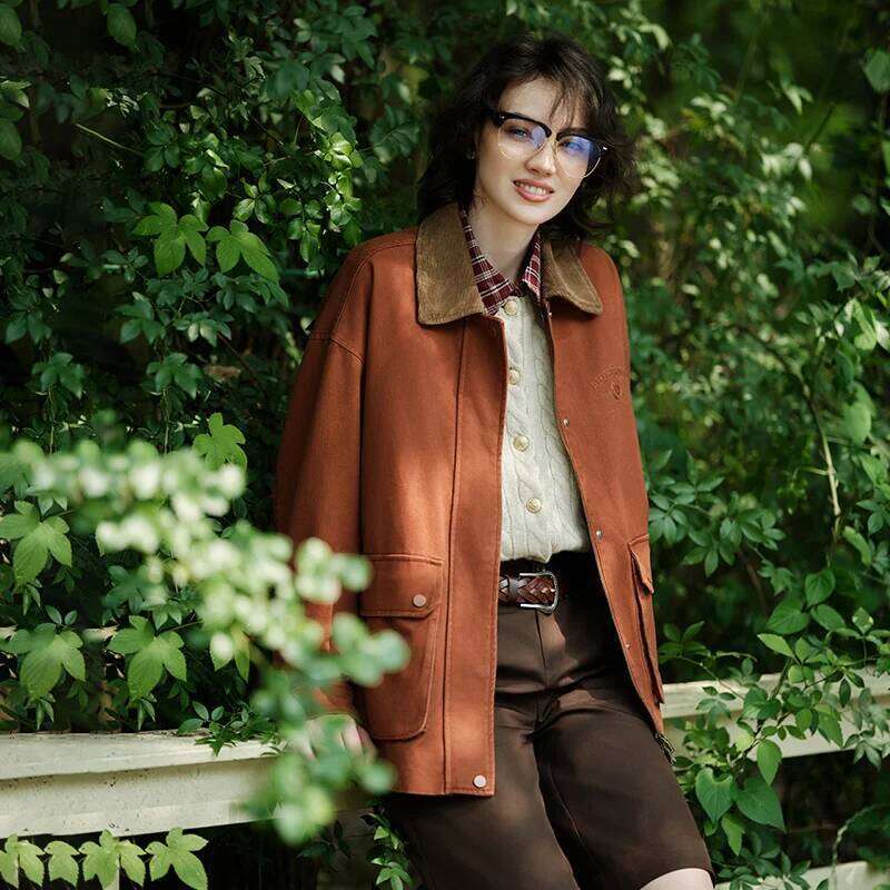 Semir Coat Women Medium Length Color-Blocking Corduroy Collar Retro New Autumn Embroidery Loose Fashion Jacket