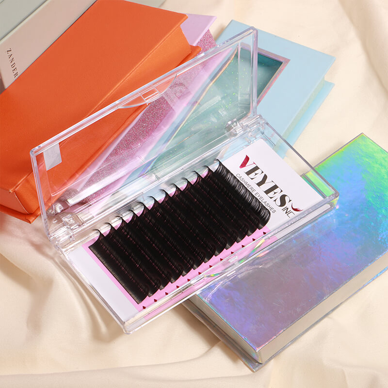 VEYES Private Label Logo Soft Russian Volume Eyelash Extension Trays Wholesale Dark Matte Black Silk Mink Cashmere Eye Lash Extension