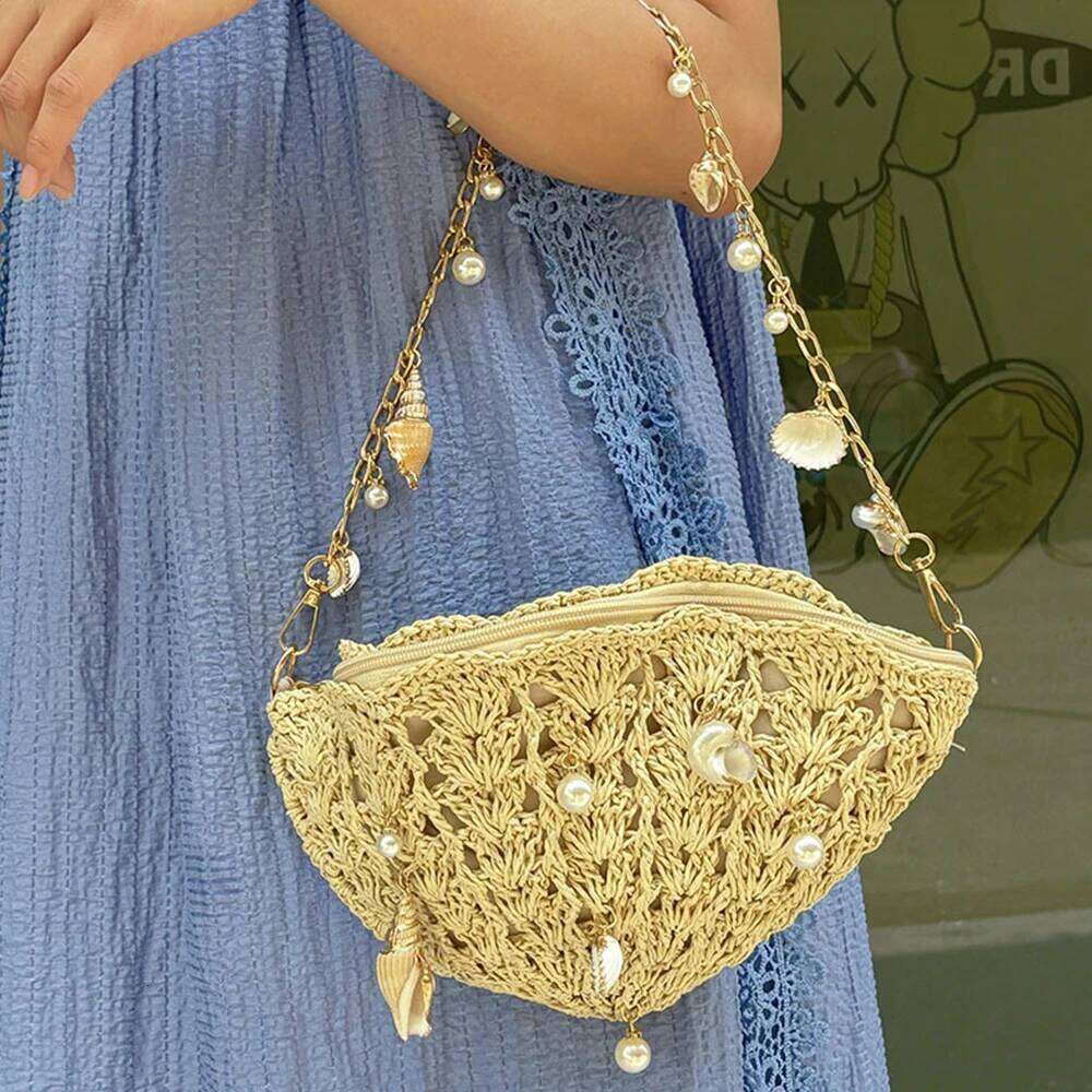 Women's Bags Designer Bohemian Conch Shell Straw Summer Pearls Beach Bags For Women Handbags And Purses Travel Hollow Woven Shoulder Bag Clutch
