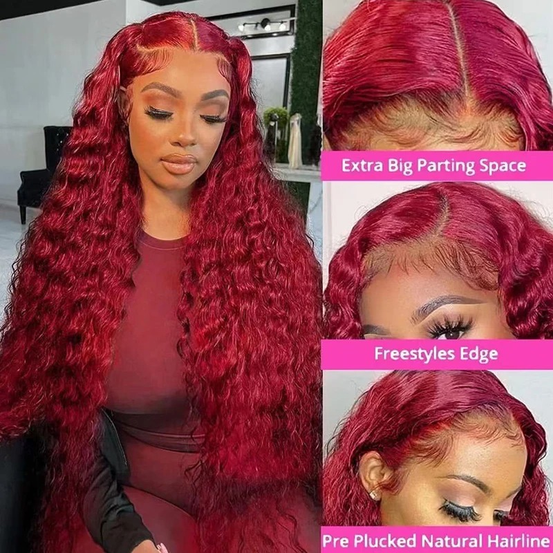 30 40 Inch Burgundy 13x6 Hd Lace Frontal Human Hair Wig Red Colored 13x4 Transparent Lace Curly Deep Wave Frontal Wig Synthetic