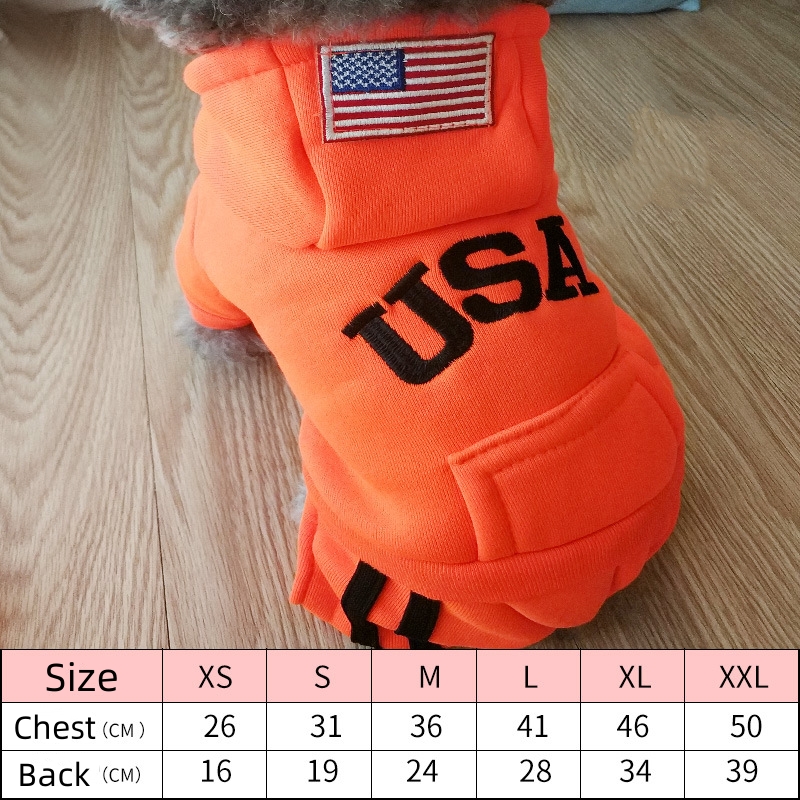 Dog Hoodie Fashion Embroidery 'USA' 4 Legs Jumpsuit Sweatshirt Hoodies, Soft Warm Dog Outfit Pullover Dog Winter Clothes Sweater for Small M
