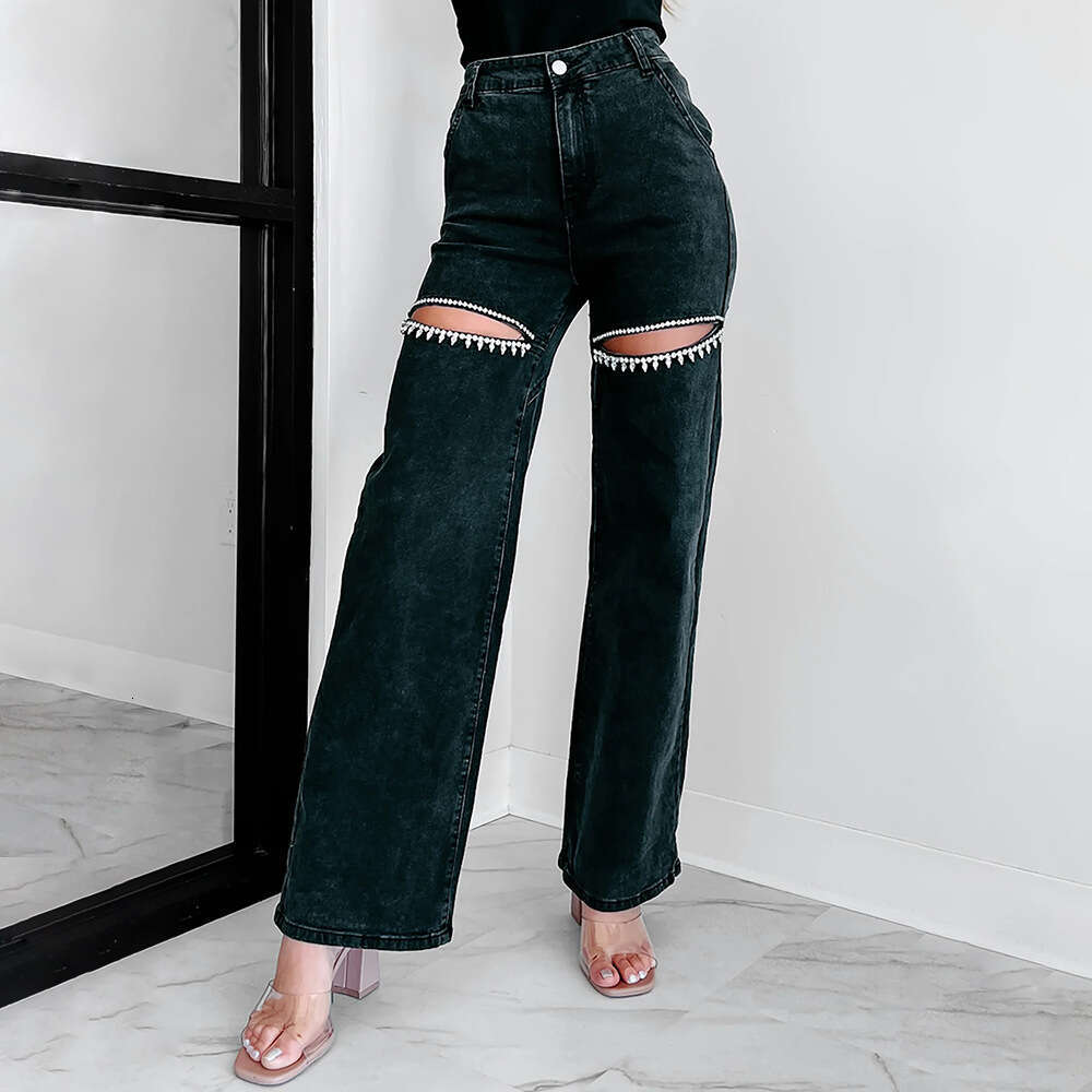 Autumn New Fashion Casual Studded Ripped Straight Leg Women's Vintage Jeans B5