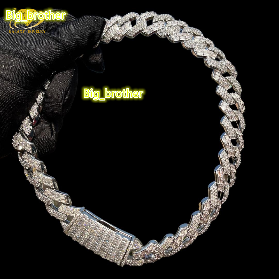 Popular 15mm Moissanite Diamond Round Cut Baguette Clasp Iced Out Bling Hiphop 925 Sterling Silver Cuban Link Chain Necklace