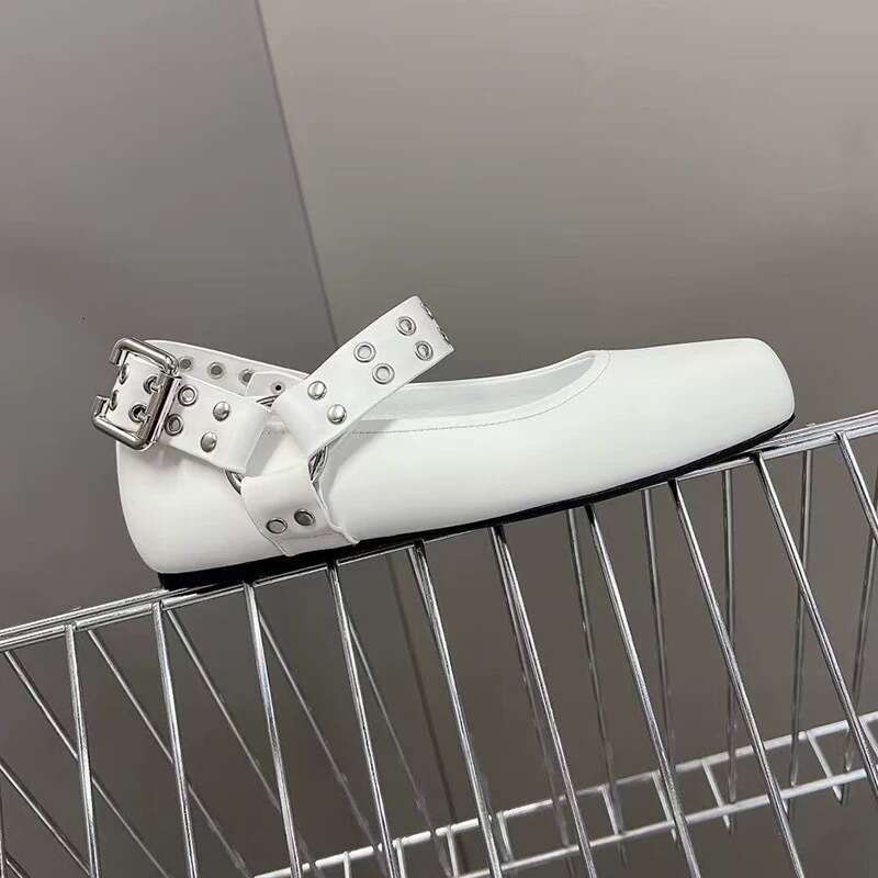 Genuine Leather Studded Buckle Square Toe Shallow Mouth Flat Ballet for Women 2025 Spring Mary Jane Shoes