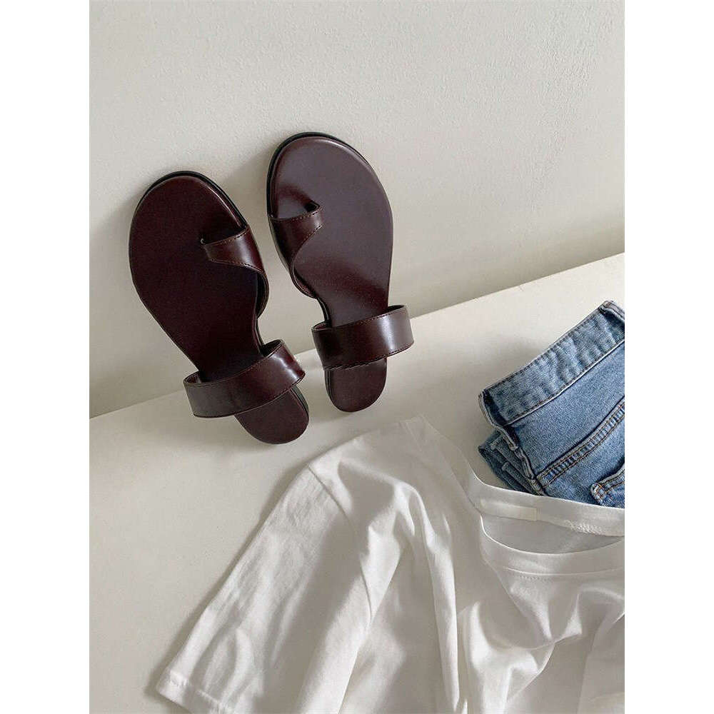 Genuine Leather Korean Style Simple Post for Women Outdoor Summer New Beach Flat Strap Toe Clip Sandals Half Slippers