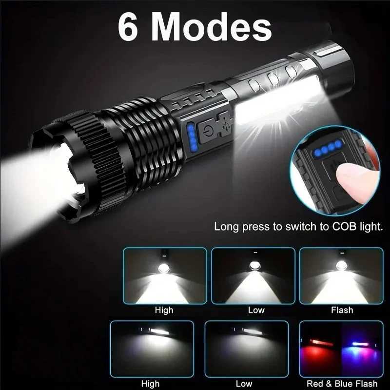 Powerful LED Flashlights Type-c Rechargeable Telescopic Zoom Tactical Torch Built-in Battery for Camping Emergency Lamp XJ250529
