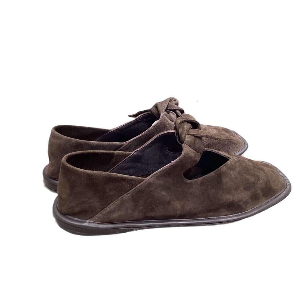 Genuine Leather Suede Niche Bowknot Step-On Two-Way Square Toe Single for Women Spring and Autumn Mary Jane Ballet Flat Shoes