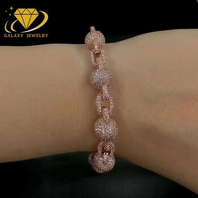 Iced Out Ball 15mm Curb Chain Moissanite Diamond Hiphop 925 Sterling Silver Beads Cuban Link Bracelet Necklace for Men