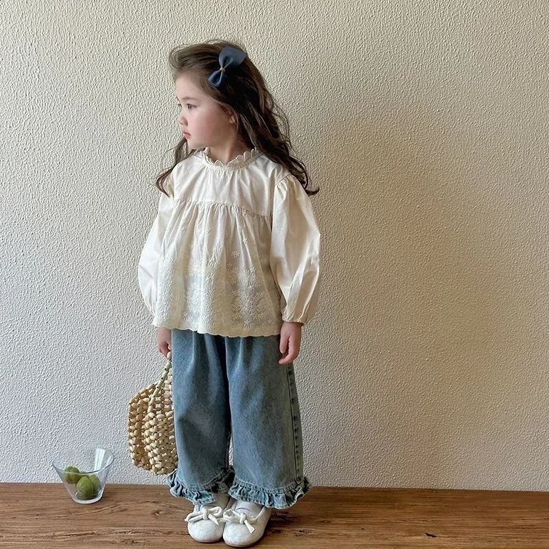 Kids Jeans Girls 2024 Spring Autumn Childrens Fashion Casual Wide-leg Pants Lace Princess Sweet and Lovely 250526