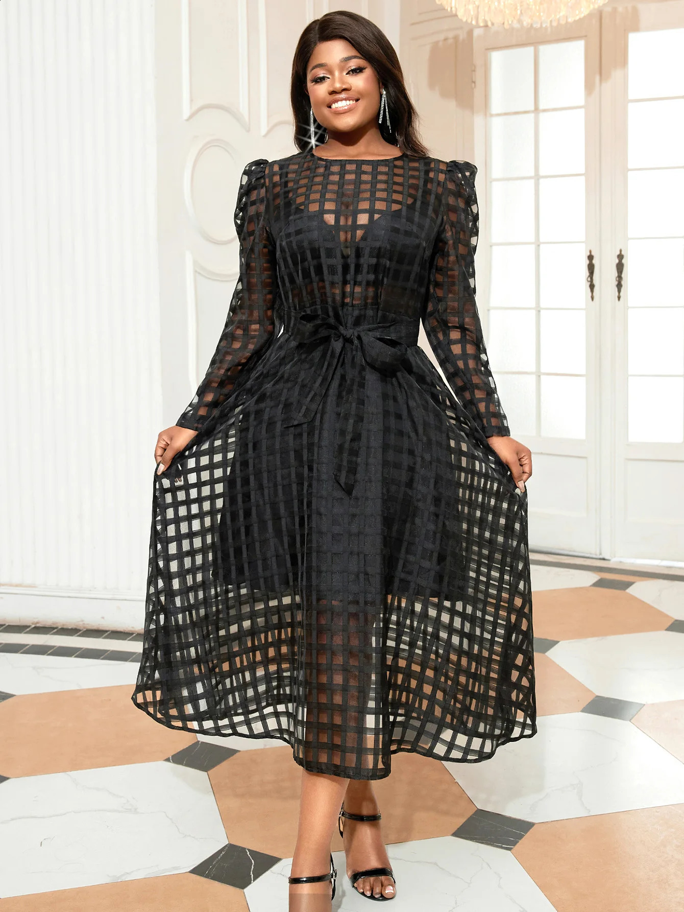Plus Size Sexy Dress with Contrasting Mesh Round Neck and Bubble Sleeves Layered Black Casual Street Clothing Long Robe 250517