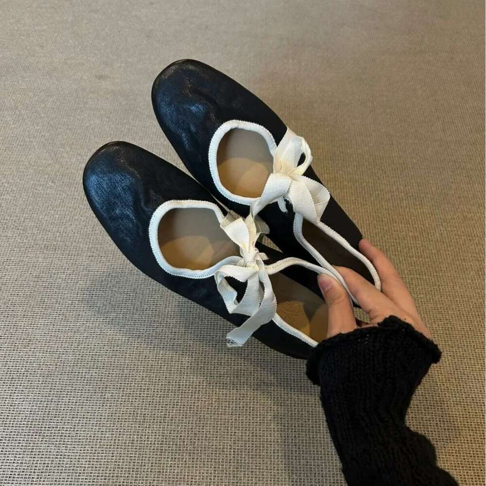 Genuine Leather French Style Color Block Lace-up Ballet Flats Women 2025 Spring Festival New Versatile Flat Mary Jane Shoes