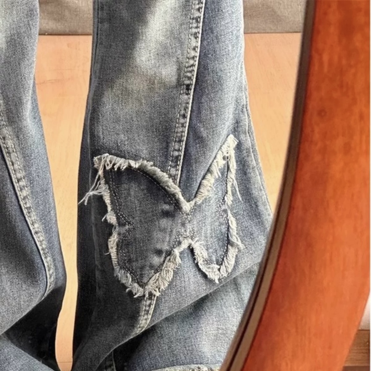American Style Butterfly Embroidery Flared Jeans for Women Design High Waist Floor-Length Pants