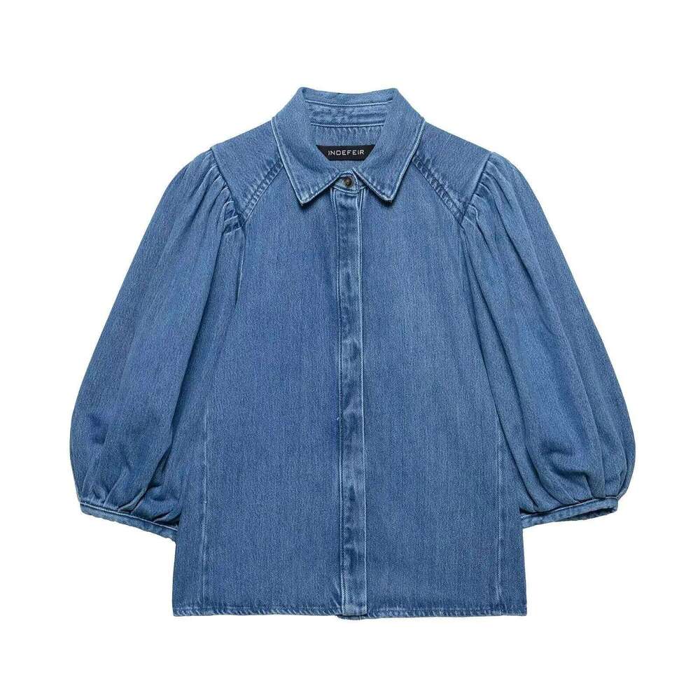 Zevity Women Fashion Turn Down Collar Breast Casual Denim Blouse Femme Pleated Half Sleeve Shirt Chic Chemise Blusas Tops LS9131