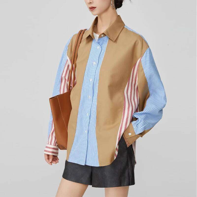 Women's Wear Colorblock Striped Patchwork Shirt Casual Loose Fit Button-Up Long Sleeve Blouse For Women Daily & Office Outfits