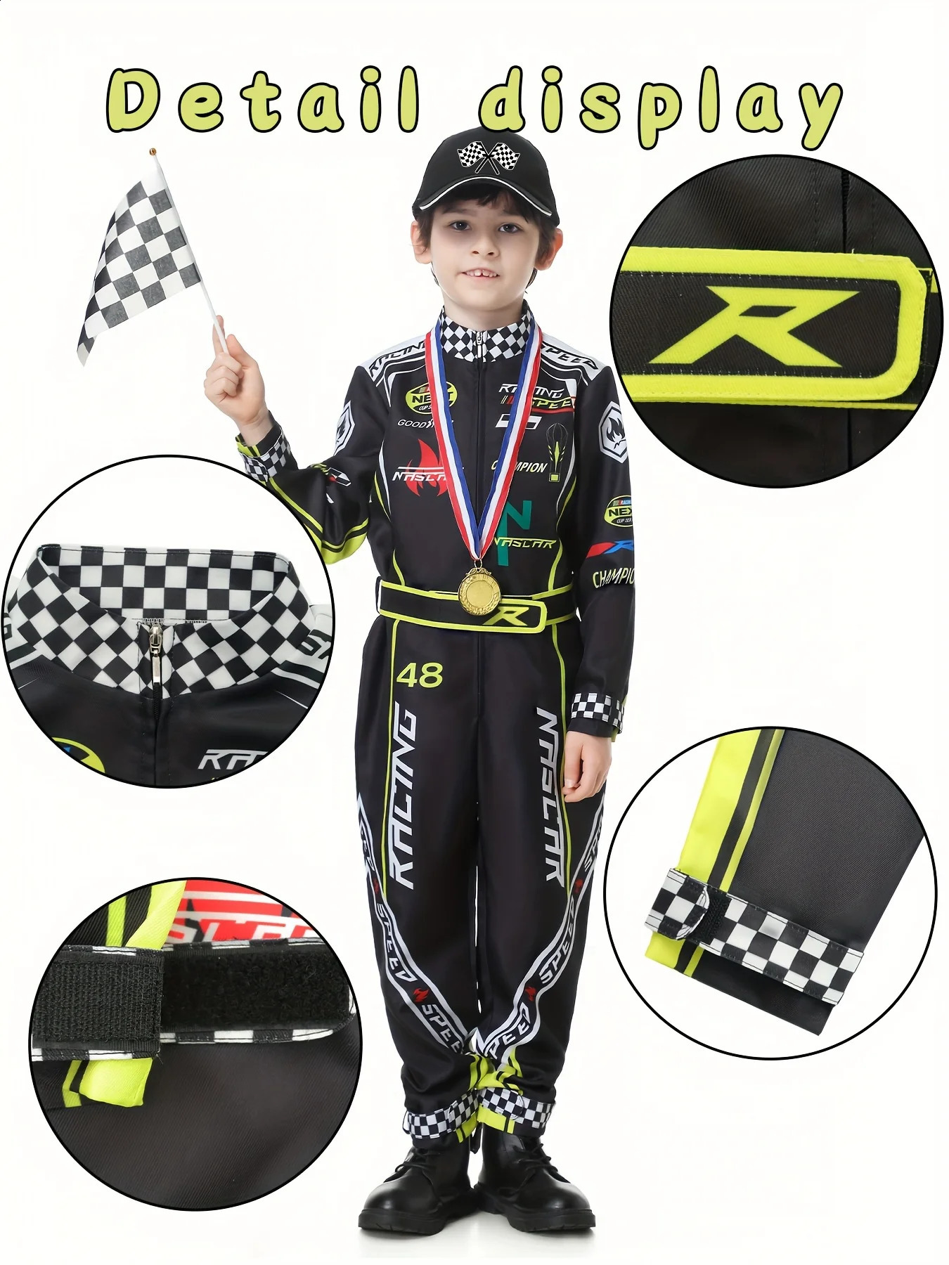 Racing driver costume boys racing jumpsuit 4pcs/set cosplay car hat childrens Halloween costume racing suit set 250528