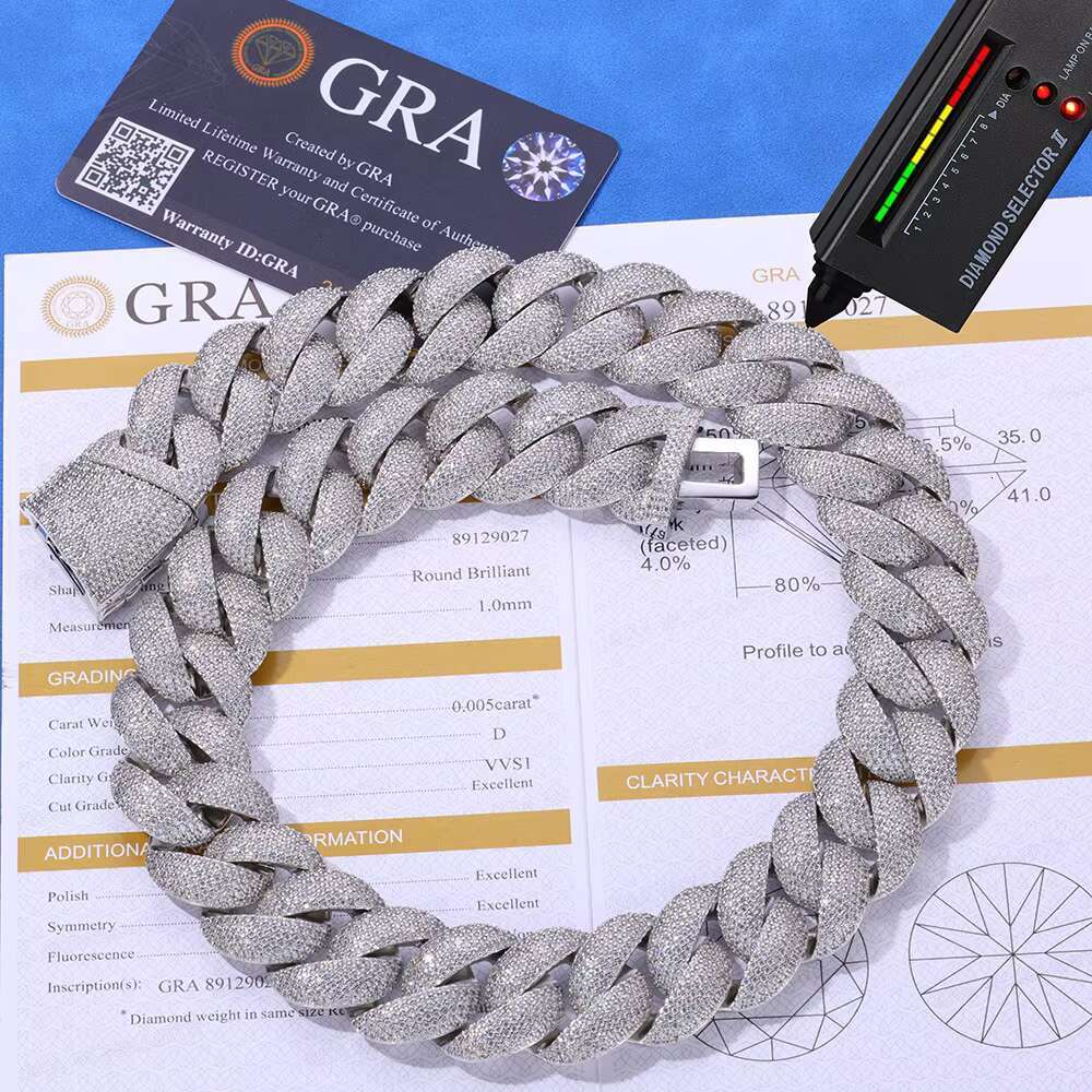 Wholesale 24mm Hip Hop S925 Silver VVS Moissanite Bracelet Blue Gemstone Cuban Chain Trend All-Match Mens Necklace Custom
