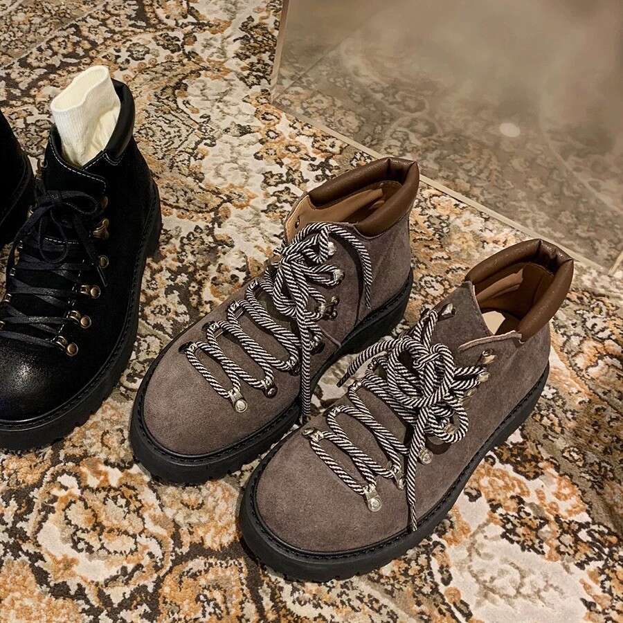 Genuine Leather Suede British Style Round Toe Chunky Heel High Top Martin for Women Thick Sole Versatile Front Lace-up Short Boots