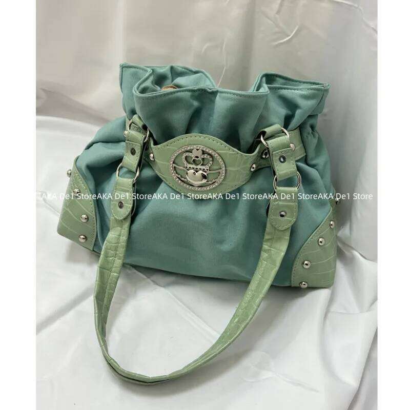 Belt Design Streetwear Green Zipper Y2k Girl Shoulder Pleated Fashion Underarm Bags Rivet Gothic Women's Handbags