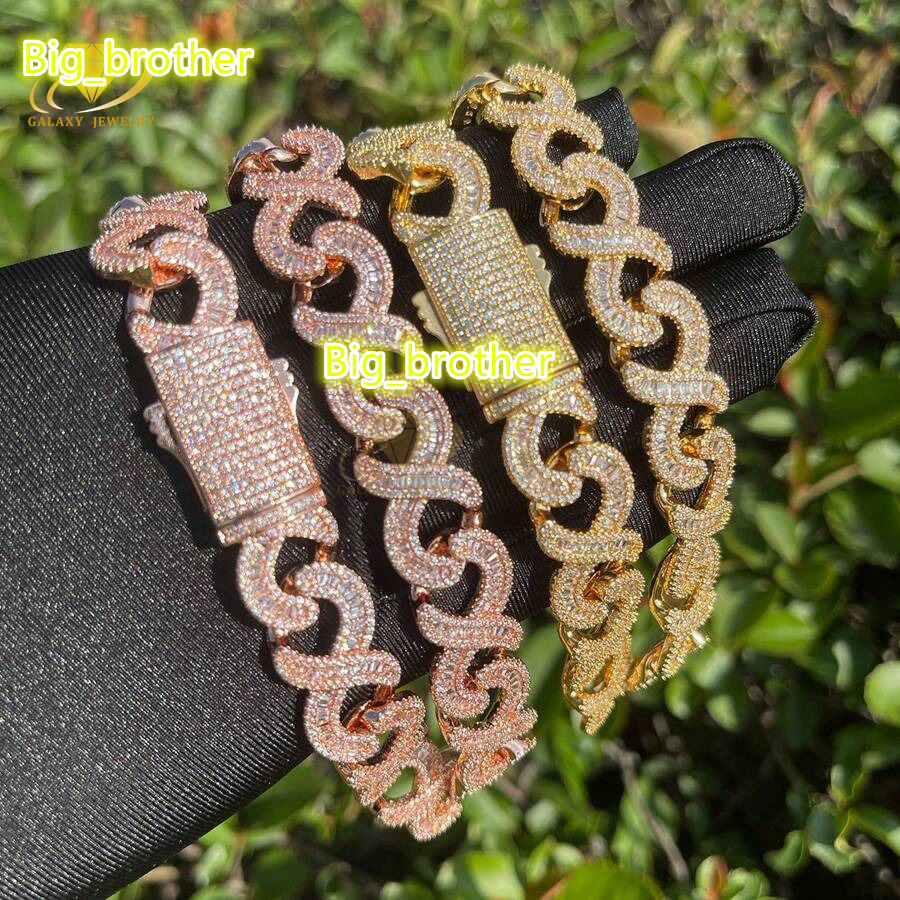 Hot Sale Real Gold Plated 925 Silver Iced Out Hip Hop Baguette Moissanite 20mm Infinity 8 Cuban Link Chain Necklace for Men