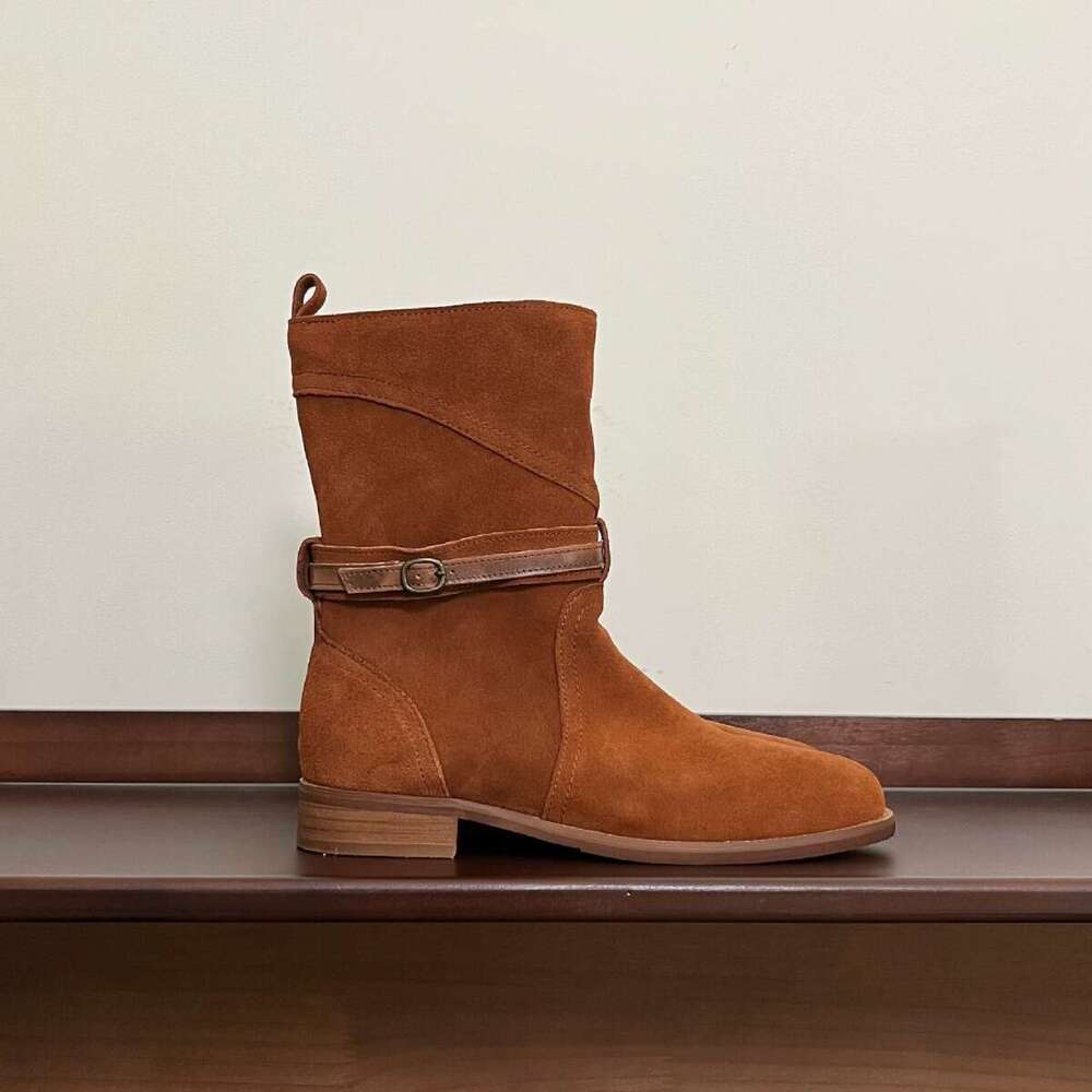 Korean Style Melard Belt Buckle Mid-Calf Short Women 2024 New Thick Heel Round Toe Western Cowboy Martin Boots