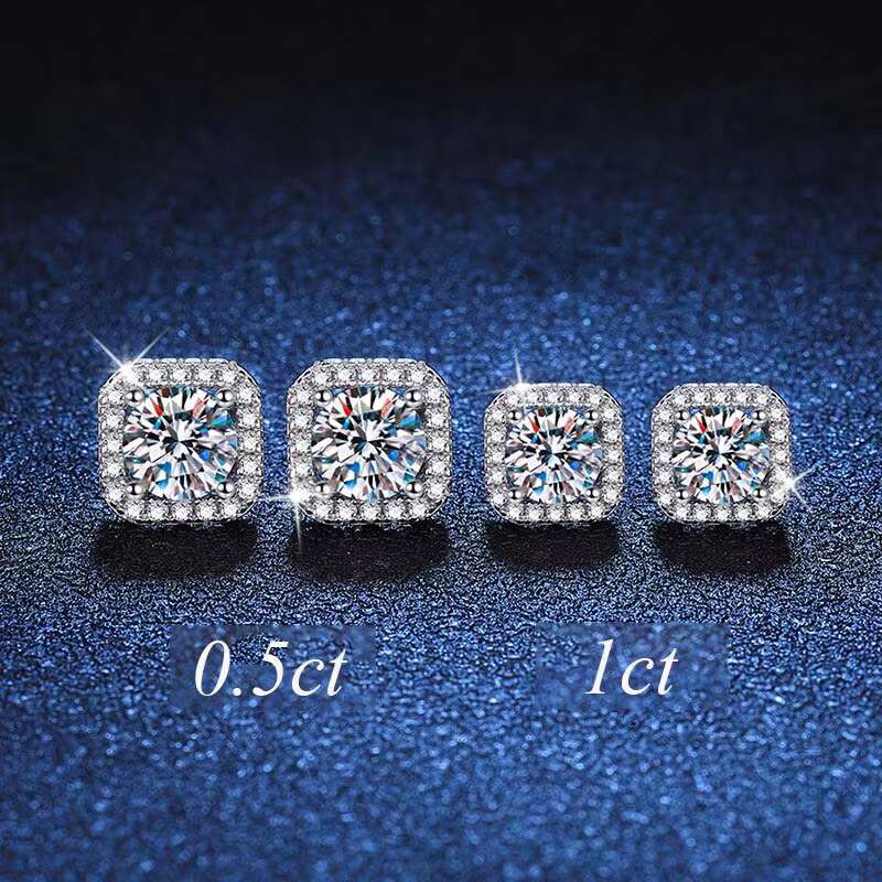 Wholesale GRA VVS 0.5ct-1ct Moissanite Stud Earrings Halo Cushion Square S925 Silver for Mens Engagement Anniversary Gift for