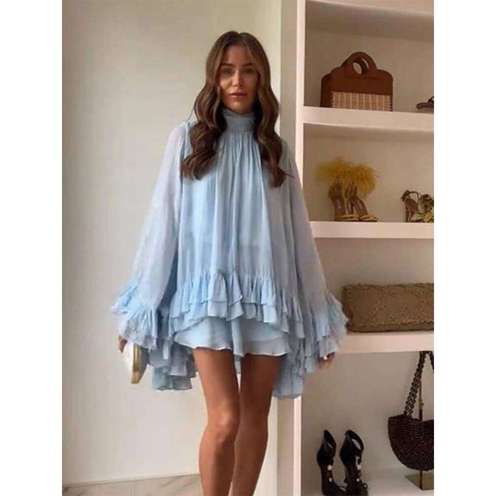 Ruffles Hem Mini Dress Women Elegant Stand Collar Long Flare Sleeve Lace Up Mid Length Dresses Ladies 2025 Fashion Summer Robes