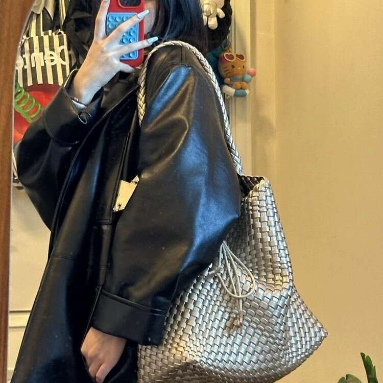 Tote Bag Braided Handbag Trendy Live Champagne Color Woven Tote For Women Large Capacity Genuine Leather Handbag Shoulder Bucket Bag Shoulder Bag