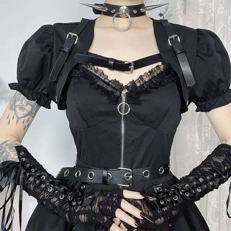Y2k Black Gothic Lolita Shoulder Top Punk Style Bandage Mini Dress Women Sexy Dresses Club Clothes