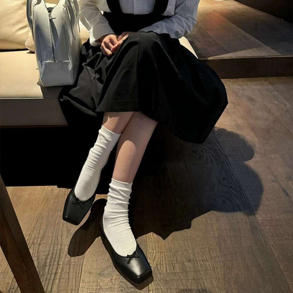 Genuine Leather Korean Style Niche Square Toe Shallow Mouth Bowknot Single for Women Spring and Autumn New Versatile Flat Ballet Shoes Loafers