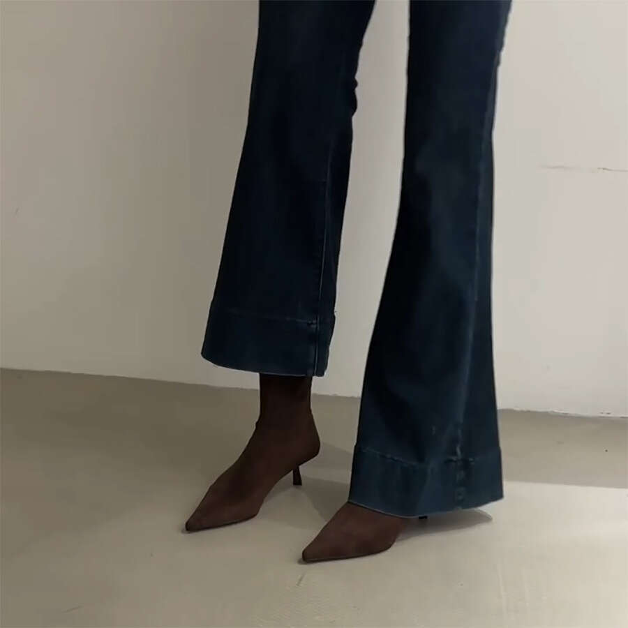 Korean Style Suede Thin Mid Heel Pointed Toe Slimming Short Women 2024 Autumn Winter Height Increasing Martin Denim Boots