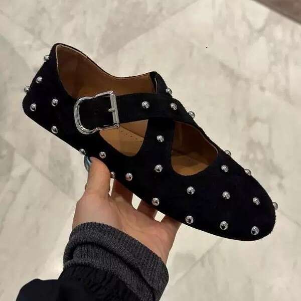 Genuine Leather Korean Style Studded Round Toe Cross Strap Mary Jane for Women 2025 Spring Summer New Ballet Flat Shoes