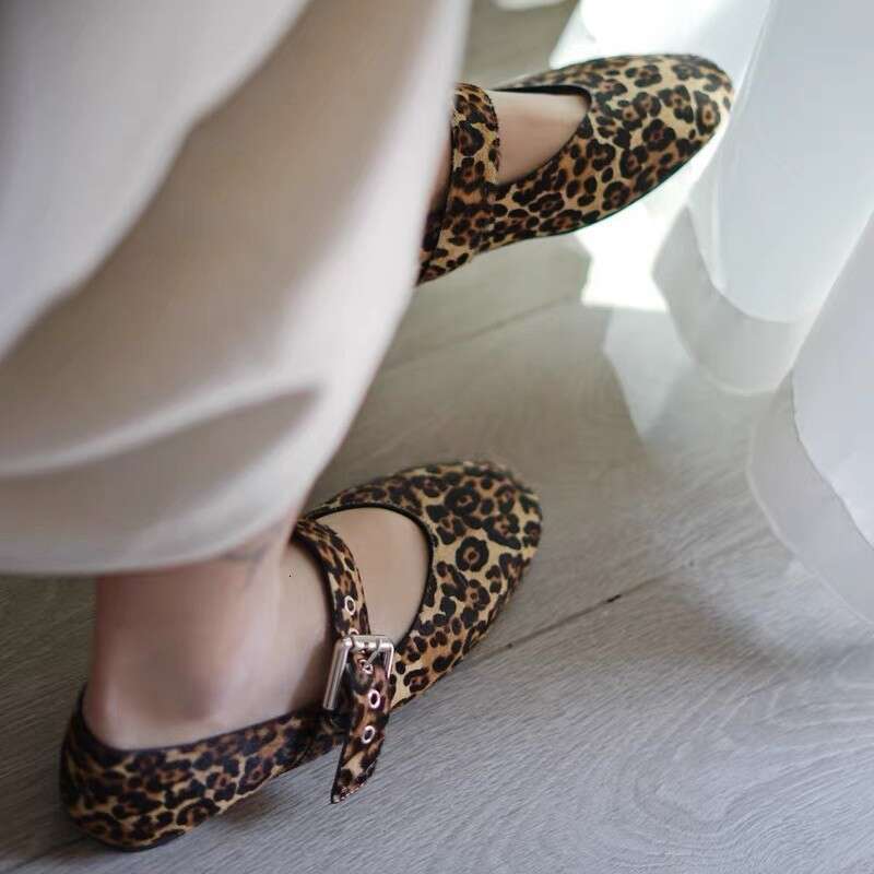 Genuine Leather Niche Horsehair Leopard Print One-Strap Single for Women 2025 Spring Summer Square Toe Shallow Mouth Flat Mary Jane Shoes