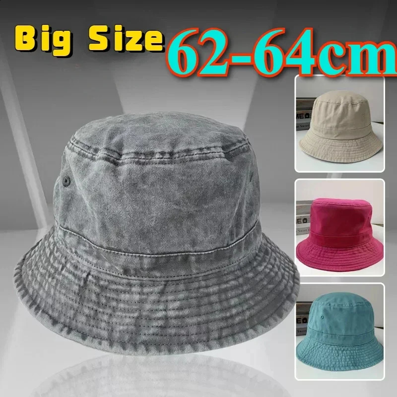 Korean Big Head Washed Denim Bucket Hats Men Cotton Sun Hat Plus Size 64cm Oversize Bob Panama Unisex Big Size Fisherman Cap 250523