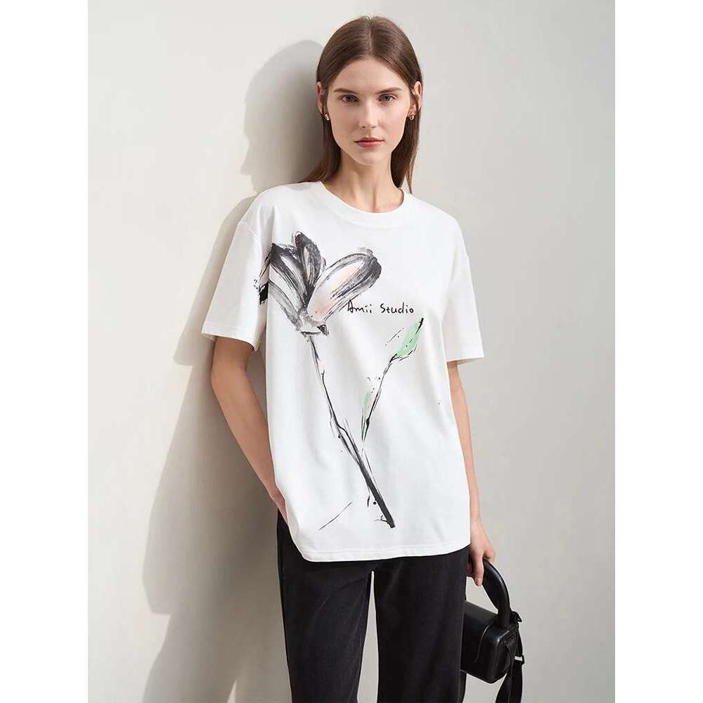 Amii Minimalism 2024 T-Shirt Women Summer New O Neck Ink Art Print Cool Feeling Short Sleeve Loose Cotton Tee Tops 12442185