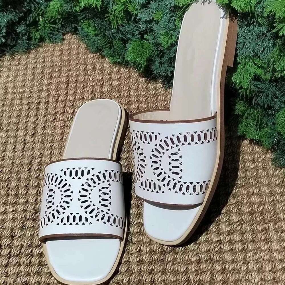 Genuine Leather Italian Laser Cut Hollow Carved Square Toe Flat Slippers for Women Outdoor Summer New Beach Sandals