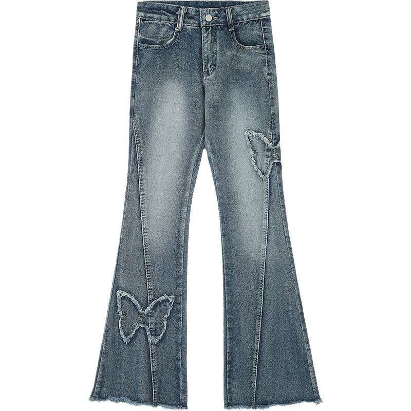 American Style Butterfly Embroidery Flared Jeans for Women Design High Waist Floor-Length Pants