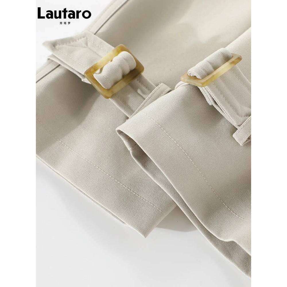 Lautaro Spring Autumn Flowy Casual Trench Coat for Women Belt Double Breasted Loose Designer Fake 2 Pieces Clothes