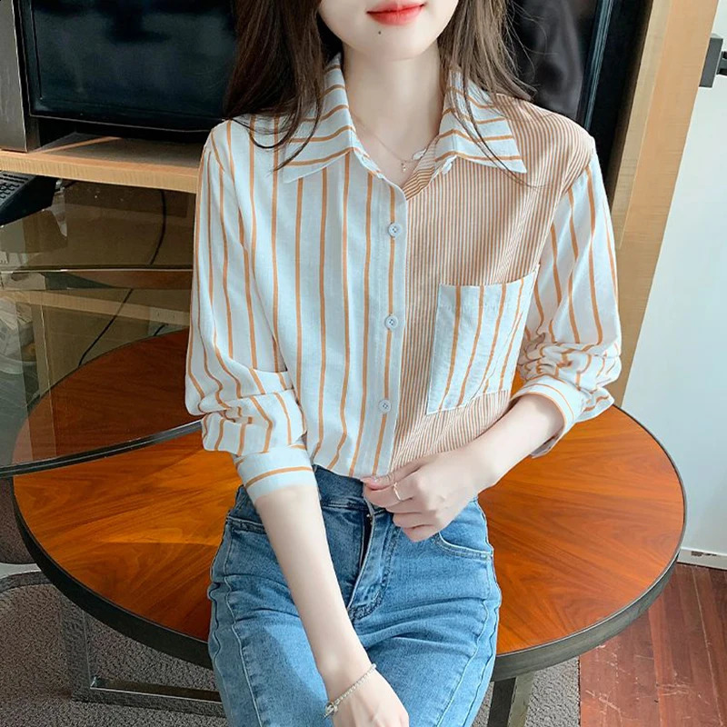 Korean Loose Casual Womens Shirt Blouses Sweet Striped Sweet For Women Top Patchwork Pocket Shirt Summer In Clothes 250529Z