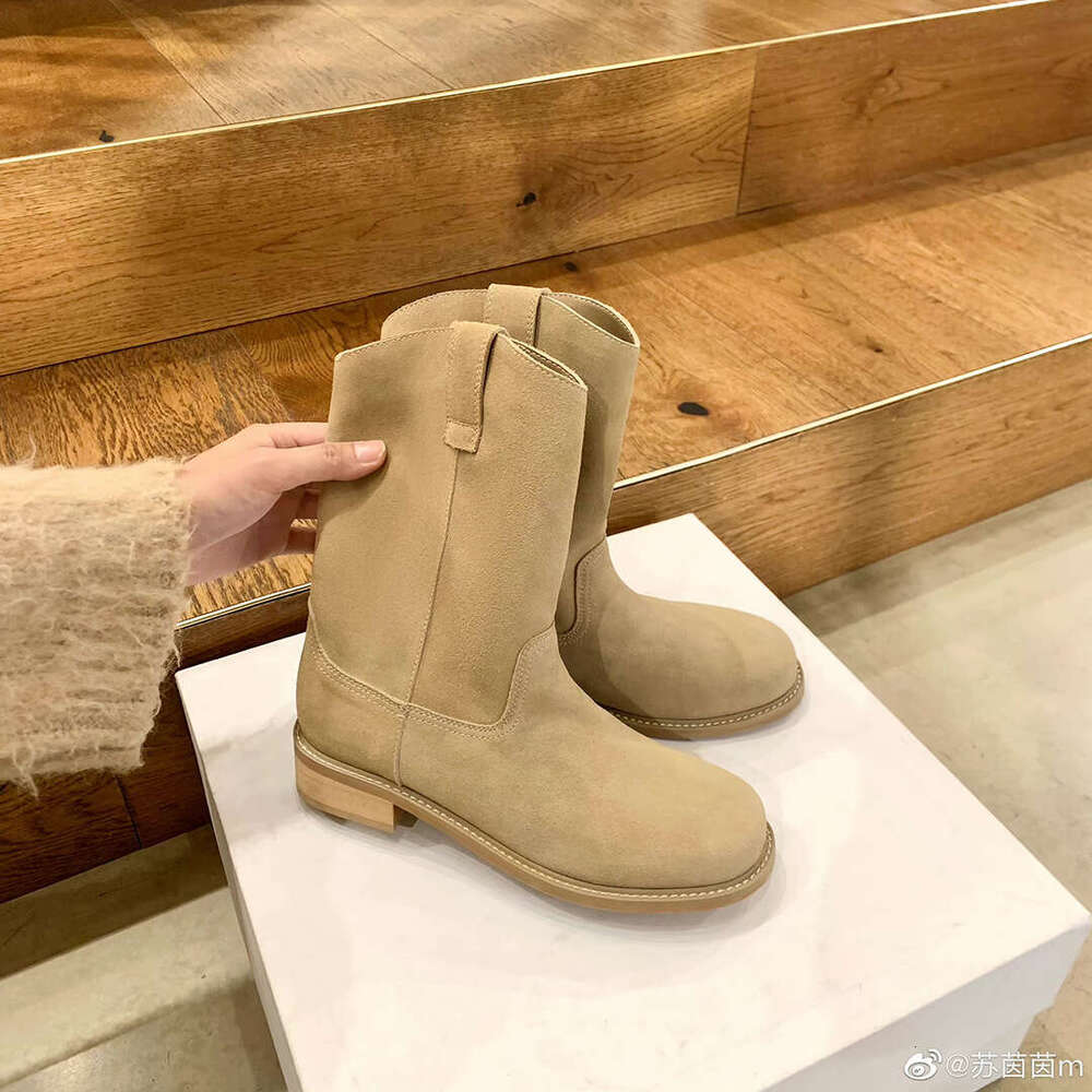 Su Yinyin Style Round Toe Chunky Heel Western Cowboy for Autumn Winter Fleece Lined Mid-Calf Short Women Boots