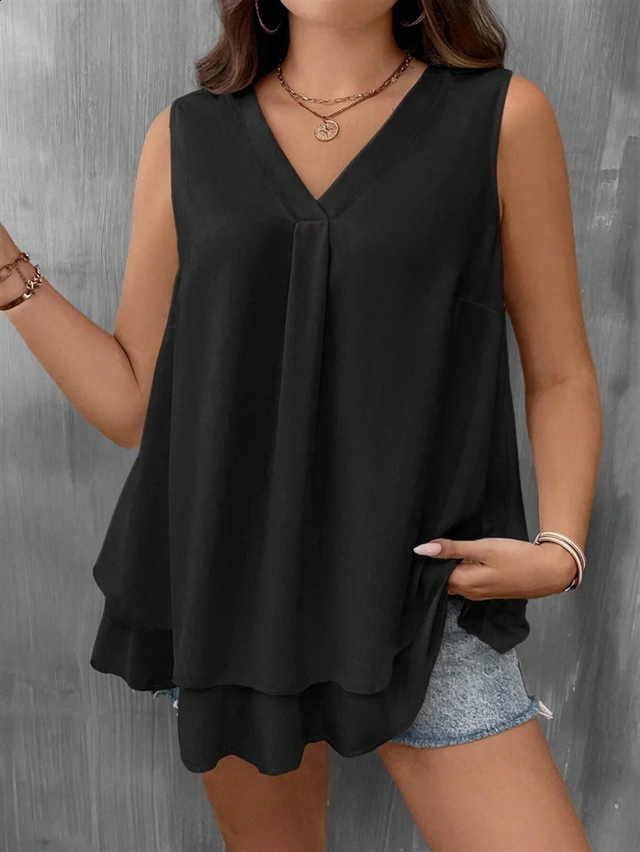 Europe and the United States crossborder summer plus size solid color double hem sleeveless Vneck vest 250519