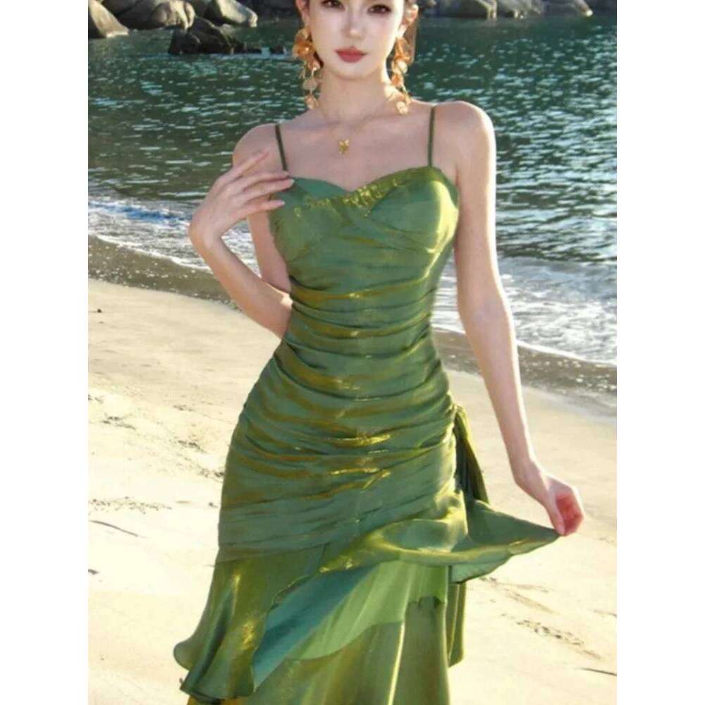 Women Elegant Graduation Birthday Evening Party Dress Ruffles Spaghetti Strap Mermaid Dresses Wedding Formal Slim Fit Prom