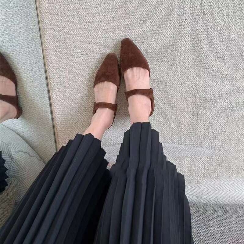 Baotou Half Slippers for Women 2023 New Summer Flat Pointed Genuine Leather Suede Mary Jane Shoes