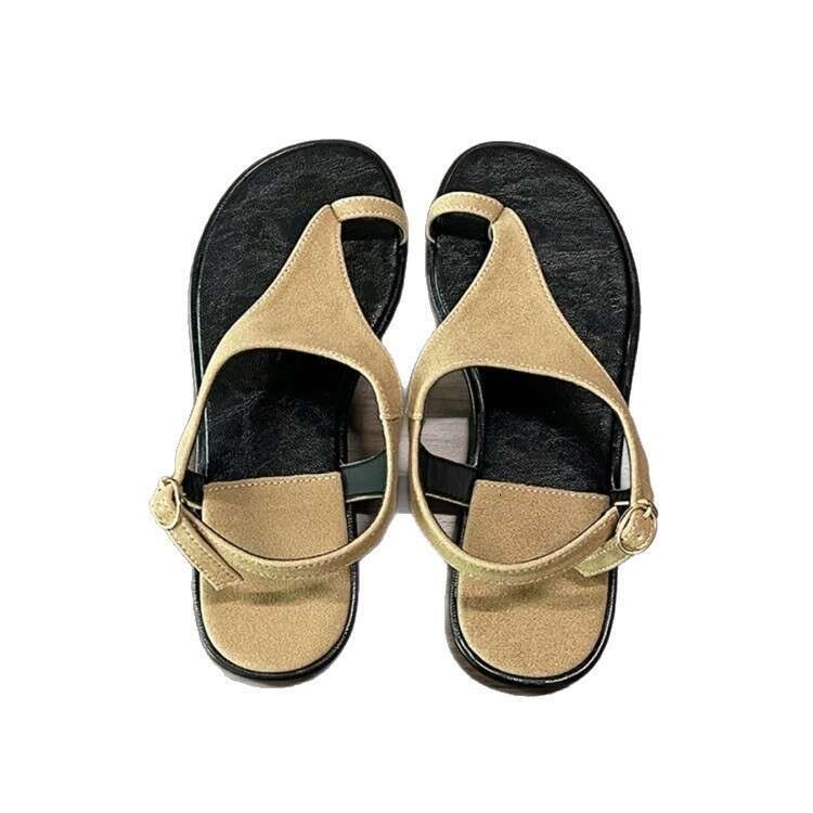 Sheepskin Version ~ Korean Style Round Flat Sandals for Women 2025 Summer New Faux Leather Toe Ring Slippers
