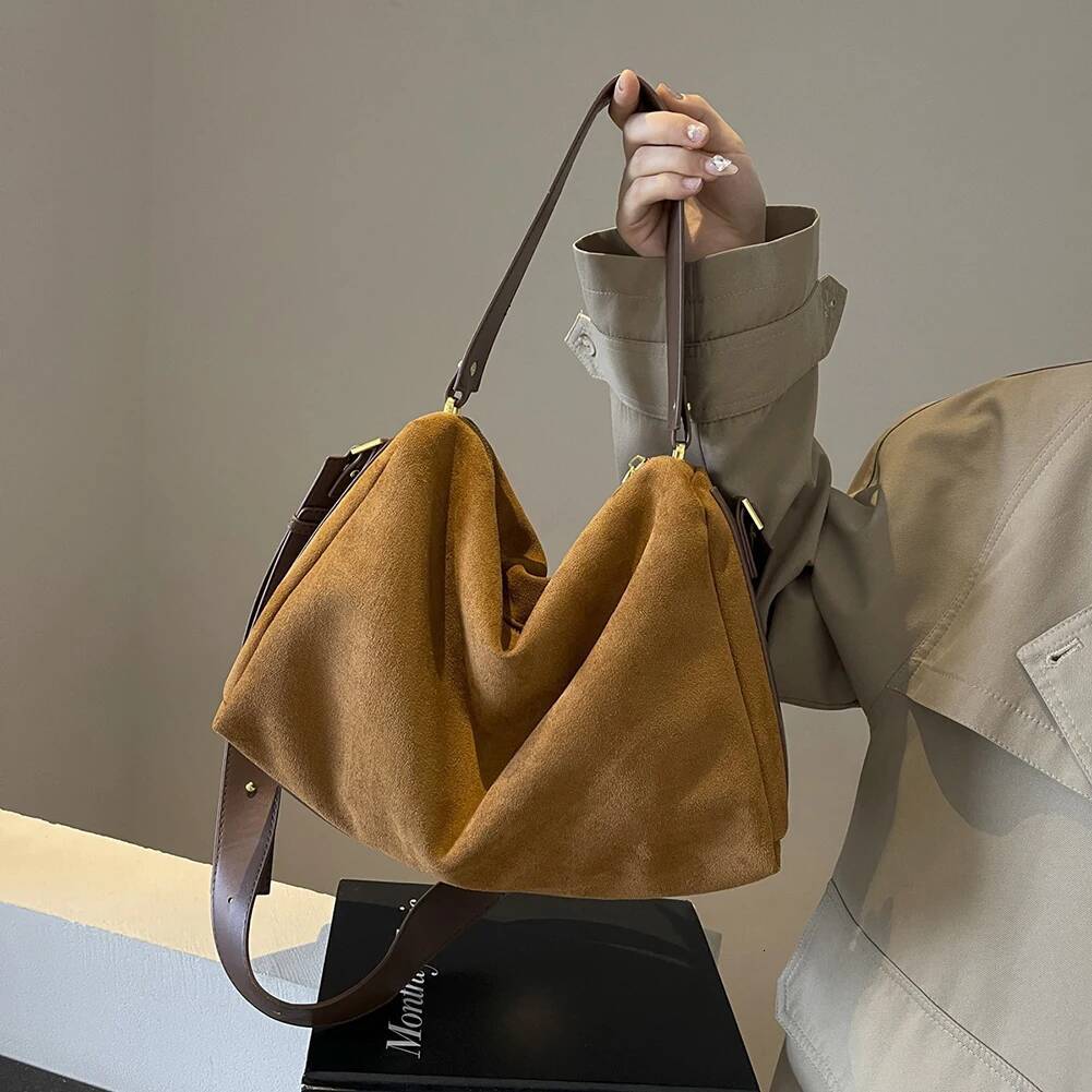 Women Suede Tote Large Capacity Shoulder Adjustable Strap Crossbody Slouchy Bag Daily Casual Fashionable Shoppingbag