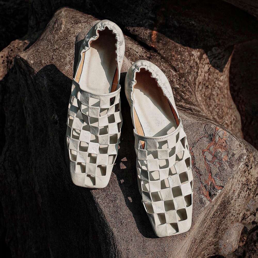 Genuine Leather Niche Wrinkled Square Toe Hollow Loafers for Women 2025 New Spring Summer Fashion Flat Low Heel Single Shoes