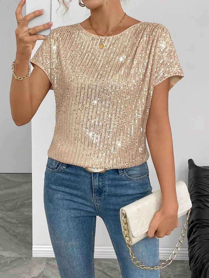 Plus Size Womens Sequined Round Neck Vest Casual Polyester Knitted Fabric Sleeveless Top Shiny Texture Suitable for Daily Wear 250519