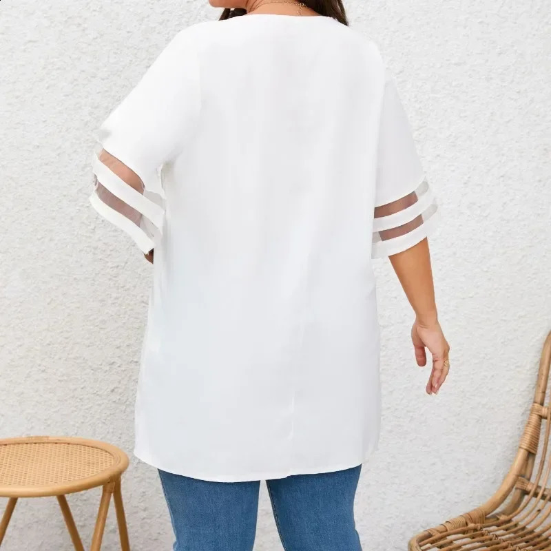 Plus Size1XL5XL Women Summer Loose VNeck Ladies Mesh Stitching 34 Sleeve Casual Holiday Blouse Tunic Shirts Tops 250519
