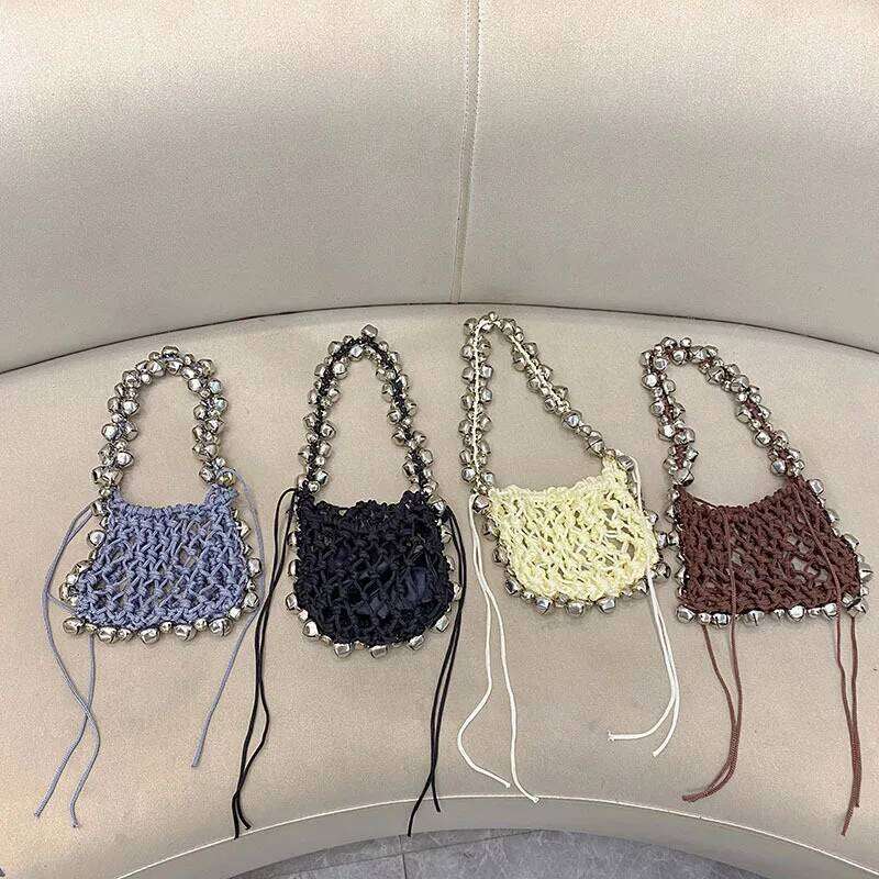 Women's Bags Designer Small Bell Shoulder Hollow Woven Bags For Women Rope Fishing Net Handbags And Purses Designer Drawstring Bag Flap NEW