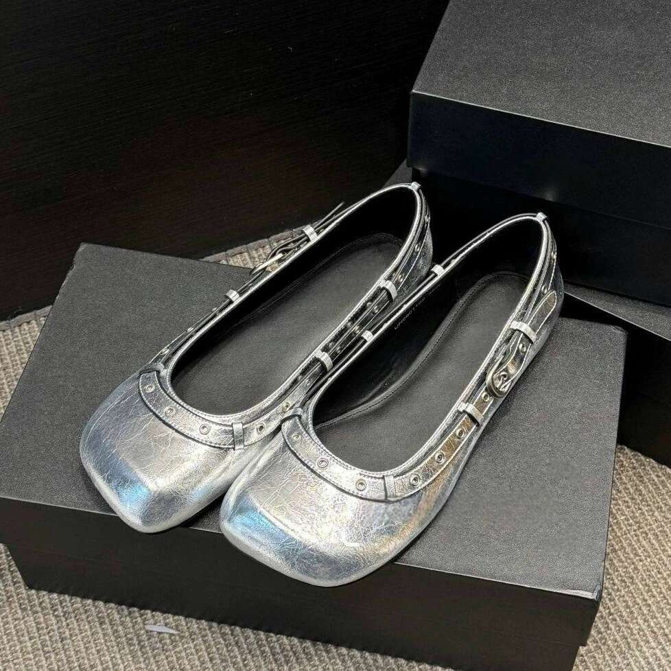 Genuine Leather French Niche Square Toe Shallow Mouth Studded Punk Single for Women 2025 New Spring Summer Ballet Flat Shoes