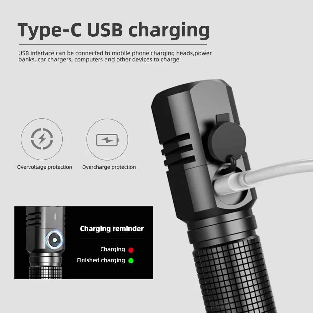 Mini Flashlight XHP50 LED USB C Rechargeable 16340 18650 Battery Flashlight 1500lm Powerful Torch Can Be Closed with One Click XJ250529